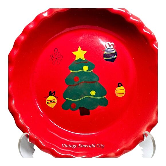 Michael's Christmas Tree Red Holiday Pie Baking Dish Hand Painted Edge Plate - Picture 11 of 12